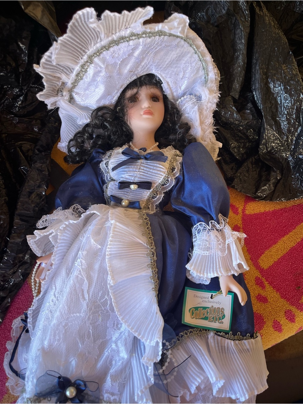 Victorian-Style Porcelain Doll in Navy Blue & White